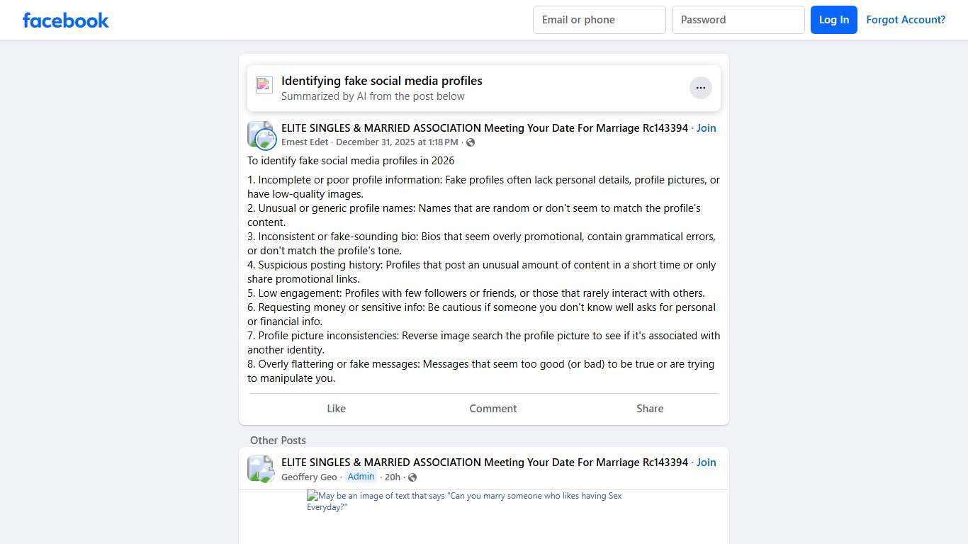 ELITE SINGLES & MARRIED ASSOCIATION Meeting Your Date For Marriage Rc143394 To identify fake social media profiles in 2026 Facebook